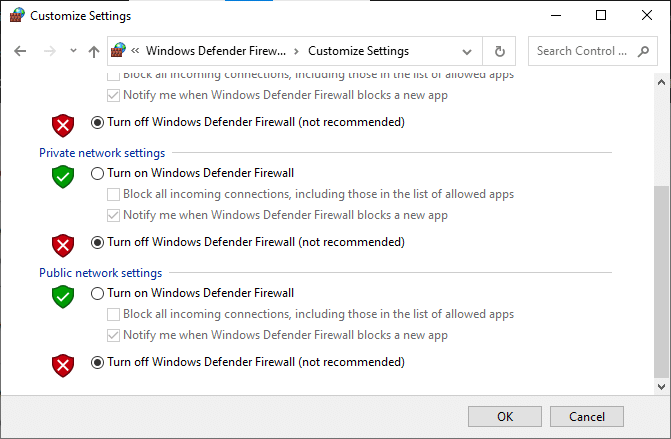 Sekarang, centang kotak; matikan Windows Defender Firewall (tidak disarankan)