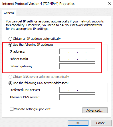 ตอนนี้ พิมพ์ที่อยู่ IPv4, Subnet Mask และที่อยู่เกตเวย์เริ่มต้น