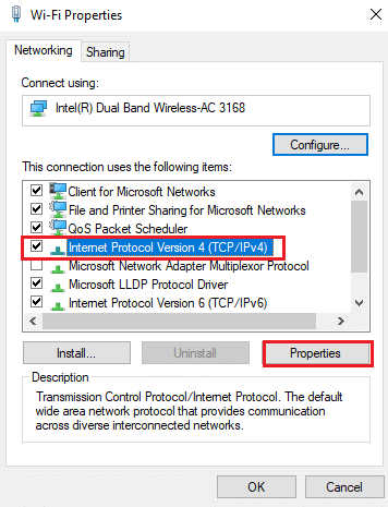 在這裡，選擇 Internet 協議版本 4，然後單擊屬性，如圖所示。修復 Steam 遠程播放在 Windows 10 中不起作用