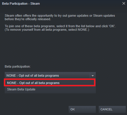 Ahora, haga clic en el menú desplegable y elija la opción NINGUNO Optar por no participar en todos los programas beta