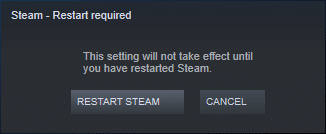 Нажмите RESTART STEAM, чтобы подтвердить запрос. Исправление Steam Remote Play, не работающего в Windows 10