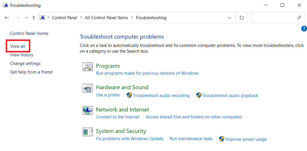 seleccione la opción Ver todo en el menú de solución de problemas
