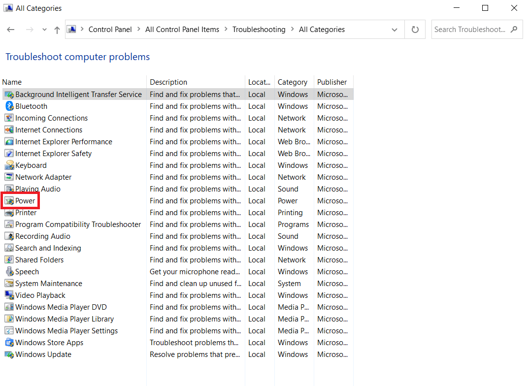 wybierz narzędzie do rozwiązywania problemów z zasilaniem w Panelu sterowania. Automatyczne naprawianie przyciemniania ekranu systemu Windows 10