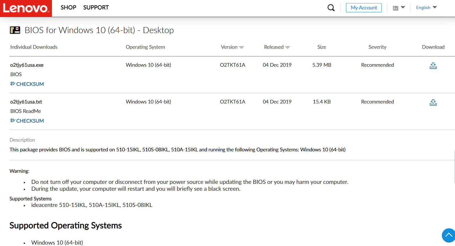 página de descarga del controlador BIOS de lenovo windows 10