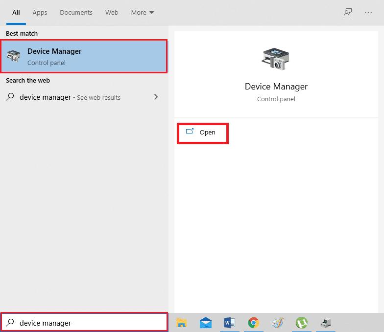 พิมพ์ Device Manager ในแถบค้นหาของ Windows แล้วคลิก Open