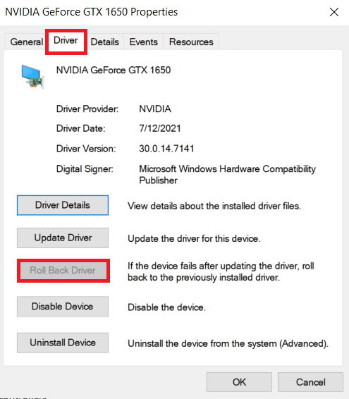 Di bawah tab Driver, klik Roll Back Driver dan ikuti instruksi berikut