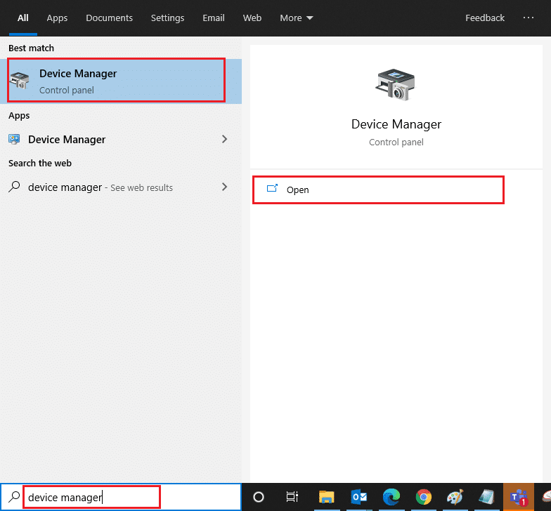 Inicie o Gerenciador de dispositivos digitando-o no menu de pesquisa do Windows 10 e clicando em Abrir