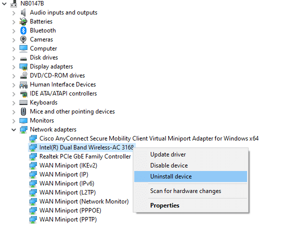 Agora, clique com o botão direito do mouse no driver e selecione Desinstalar dispositivo. Corrigir Internet continua caindo no Windows 10