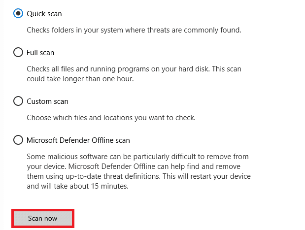 Escolha uma opção de digitalização de acordo com sua preferência e clique em Digitalizar agora. Corrigir Internet continua caindo no Windows 10