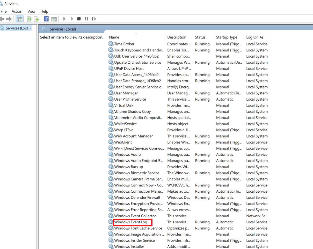 aşağı kaydırın ve Windows EventLog hizmetini arayın.