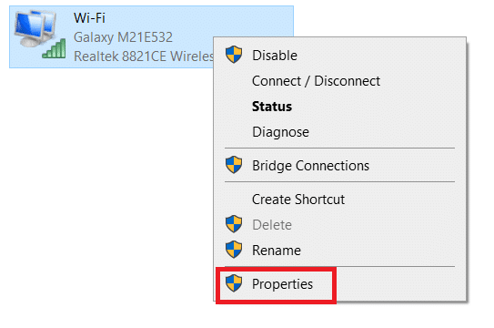 Klicken Sie mit der rechten Maustaste auf WLAN und wählen Sie Eigenschaften aus dem Kontextmenü. So beheben Sie den FFXIV-Fehler 90002 in Windows 10