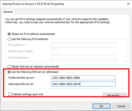 เลือก Internet Protocol รุ่น 6 (TCP / IPv6) จากรายการและใช้ที่อยู่เซิร์ฟเวอร์ DNS ต่อไปนี้