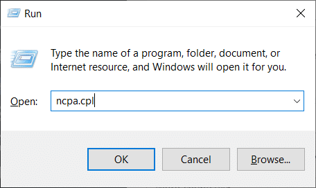 escriba ncpa.cpl en el cuadro de diálogo de ejecución. Solucione el error FFXIV 90002 en Windows 10