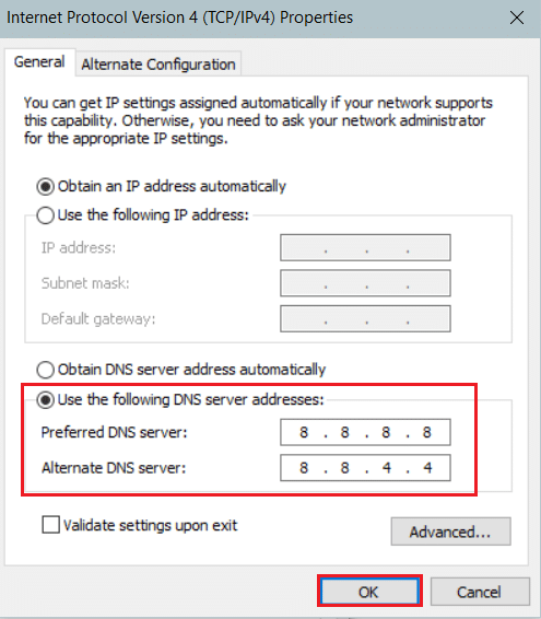 ใช้ DNS ที่ต้องการในคุณสมบัติ ipv4 แก้ไขข้อผิดพลาด FFXIV 90002 ใน Windows 10