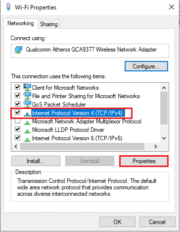 ค้นหา Internet Protocol รุ่น 4 จากรายการที่กำหนด คลิกที่คุณสมบัติ แก้ไขข้อผิดพลาด FFXIV 90002 ใน Windows 10