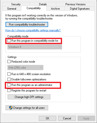 Ejecute este programa como administrador y Ejecute este programa en modo de compatibilidad para. Solucione el error FFXIV 90002 en Windows 10