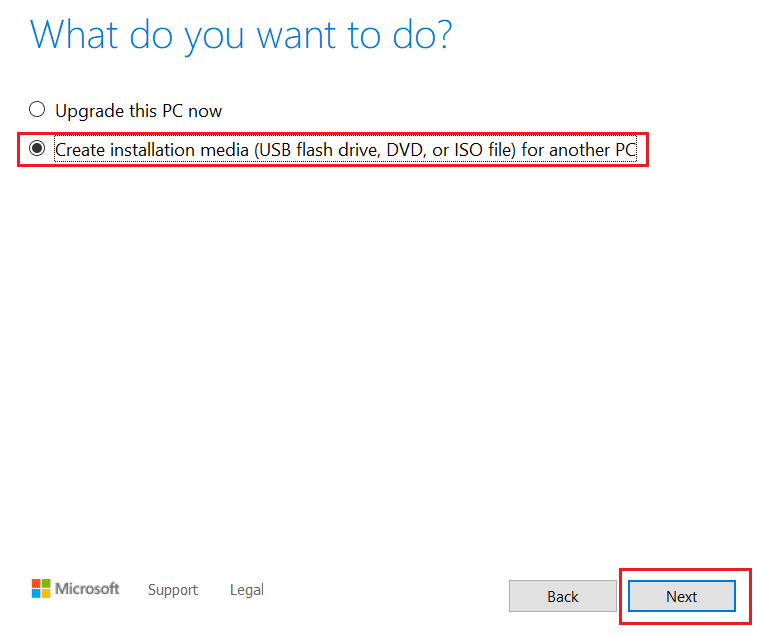 sélectionnez l'option de création de support d'installation et cliquez sur Suivant dans l'outil de création de support de configuration de Windows 10