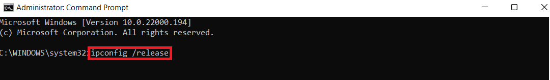 Prompt de comando executando ipconfig /release.