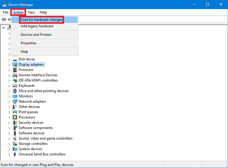 Verificar a opção de alterações de hardware no Gerenciador de dispositivos