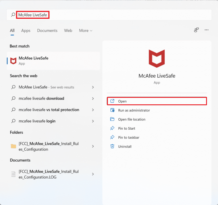 apri mc afee livesafe nella barra di ricerca di Windows 11