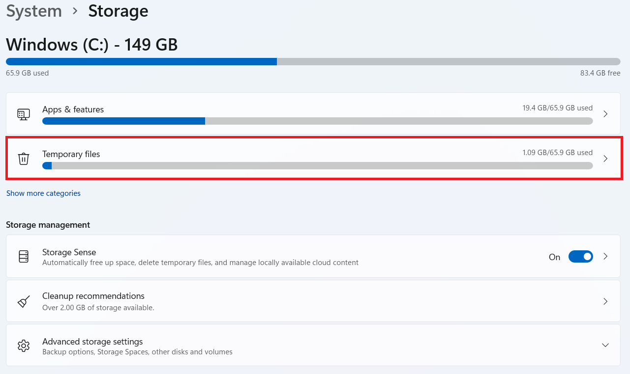 Opción de archivos temporales en Almacenamiento en Configuración