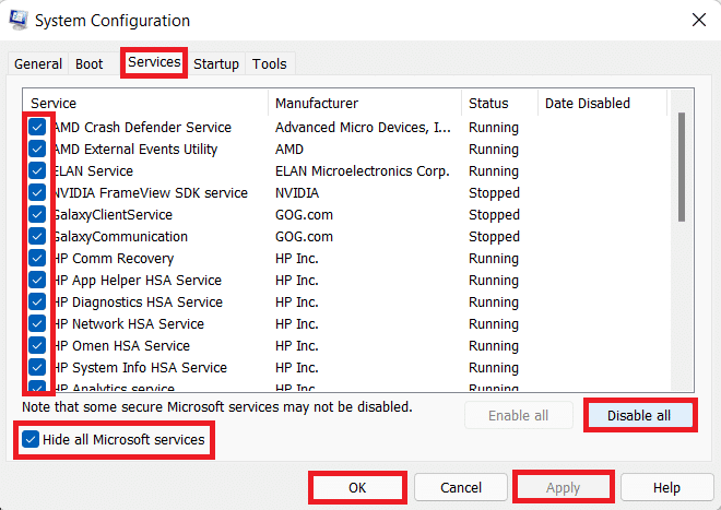 Aba Serviços na Configuração do Sistema