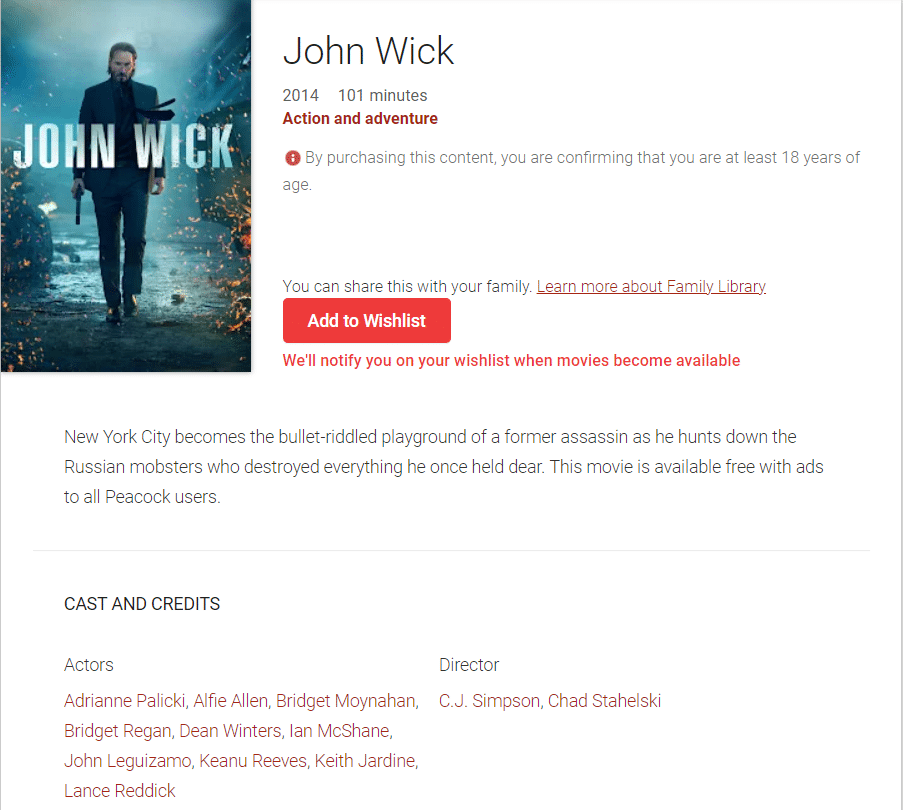 Pagina dei film di google play di john wick