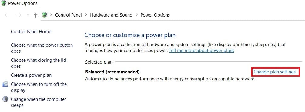 Aparece la ventana Opciones de energía, ahora haga clic en Cambiar la configuración del plan.