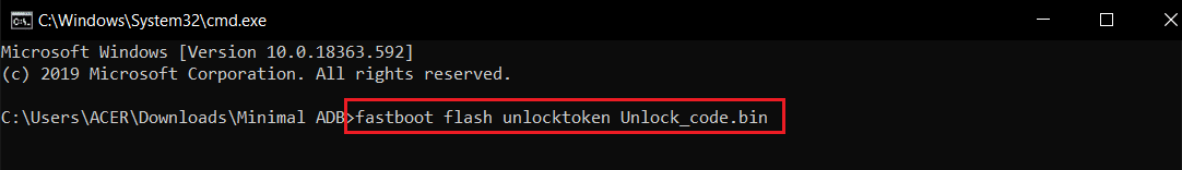 fastboot flash unlocktoken Desbloquear comando code.bin en cmd o símbolo del sistema