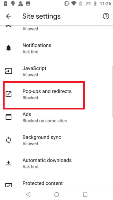 Appuyez sur Pop ups et redirigez sur la page des paramètres du site