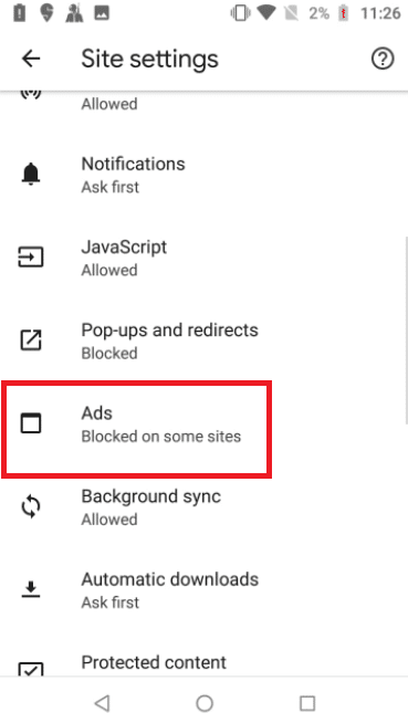 Regrese a la página de configuración del sitio y toque Anuncios. Arreglar ventana emergente de virus en Android