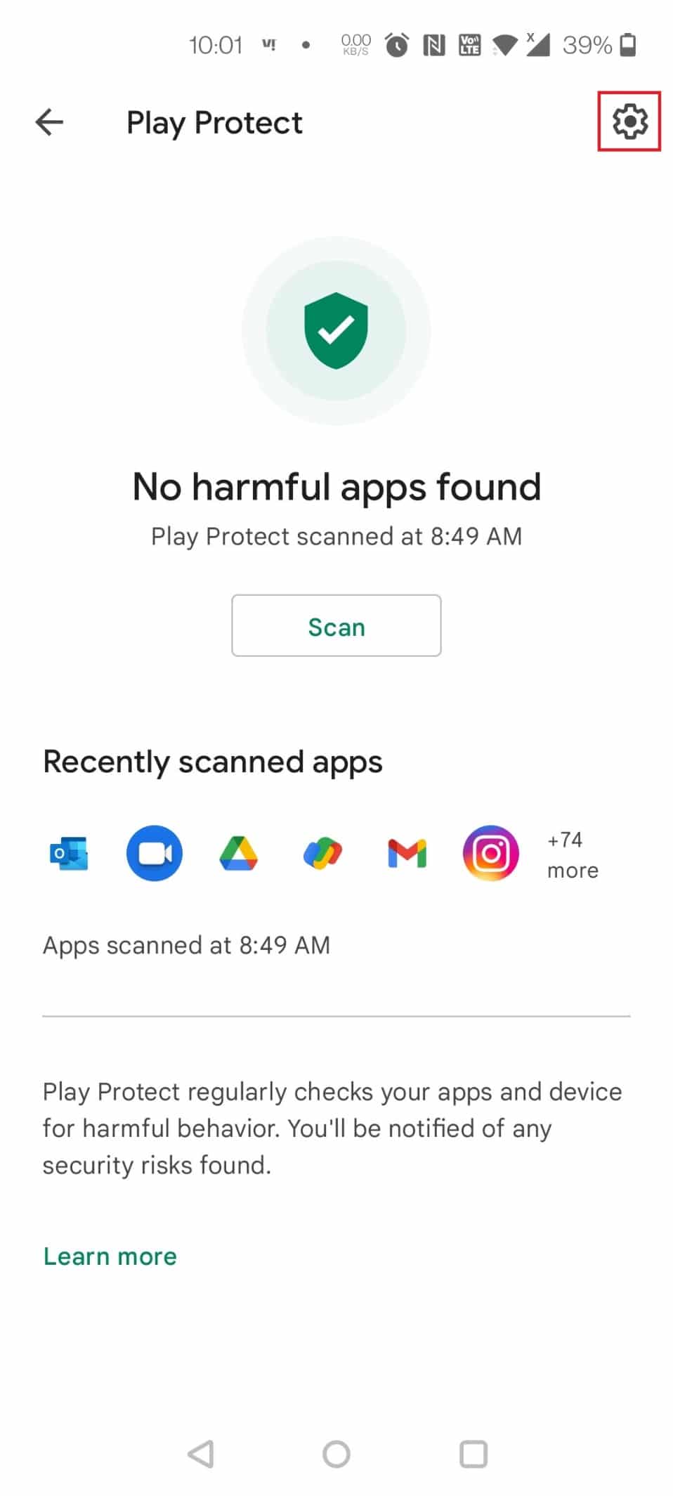 Appuyez sur Paramètres dans le coin supérieur droit de l'écran. Réparer Virus Pop Up sur Android