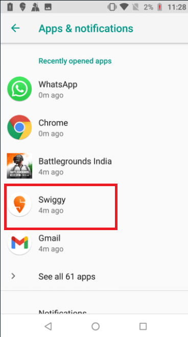 Busque aplicaciones sospechosas y tóquelas. Aquí, Swiggy es elegido como ejemplo.