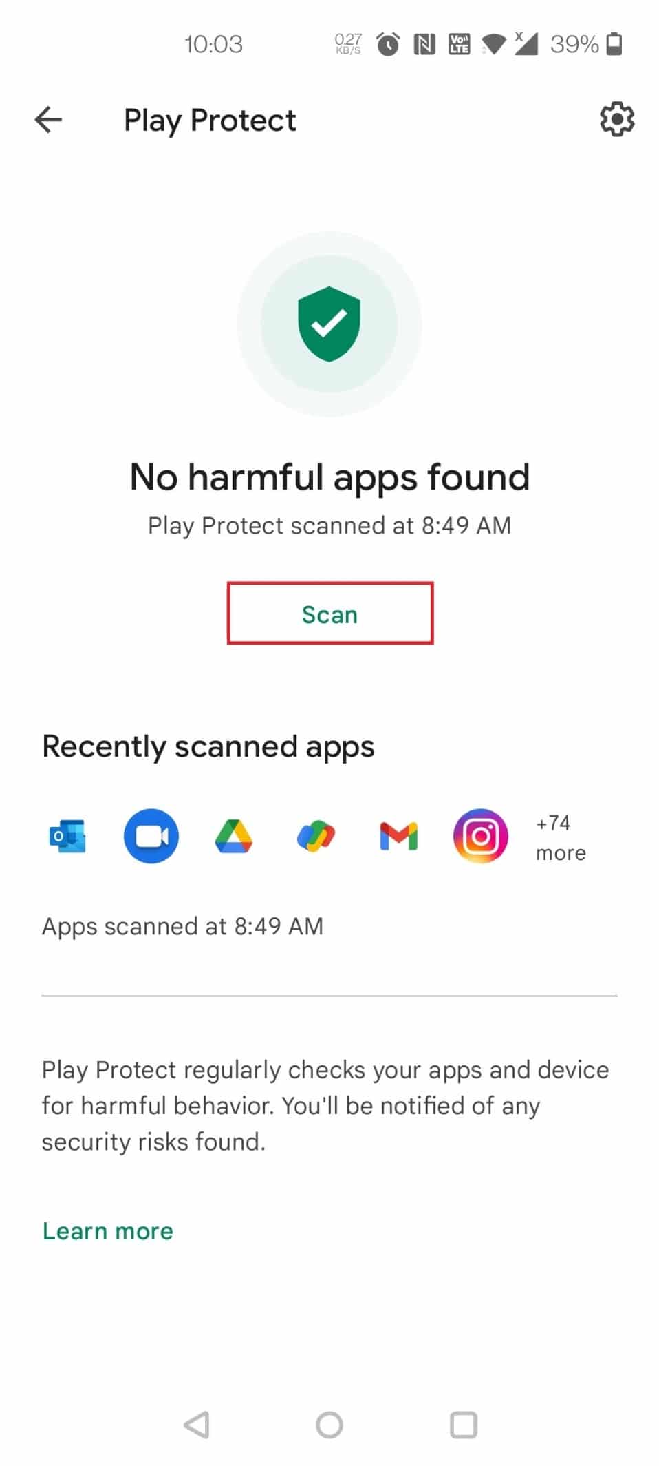 tocca il pulsante Scansione. Risolto il problema con il virus pop-up su Android