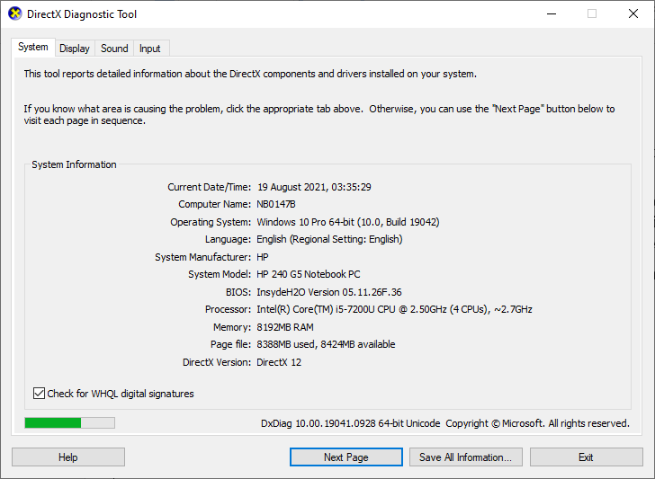 La schermata seguente verrà visualizzata sullo schermo quando il sistema contiene già DirectX 12.