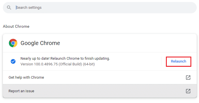 ถัดไป ตรวจสอบว่า Google Chrome ได้รับการอัปเดตเป็นเวอร์ชันล่าสุดหรือไม่ หากไม่เป็นเช่นนั้น ให้คลิกที่ปุ่มอัปเดตเพื่ออัปเดตเบราว์เซอร์ของคุณ