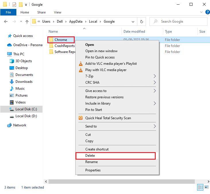 ตอนนี้ให้คลิกขวาที่โฟลเดอร์ Chrome แล้วเลือกตัวเลือกลบ วิธีแก้ไขข้อผิดพลาดการรับส่งข้อมูลที่ผิดปกติของ Google