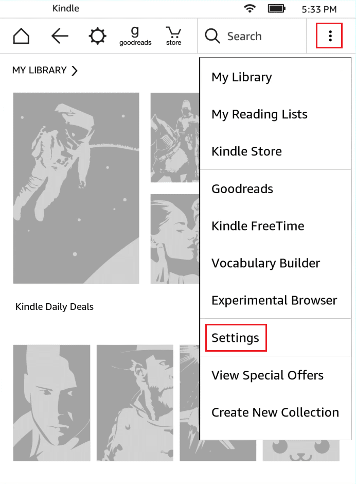 toque nas configurações do Amazon Kindle