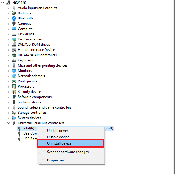 haga clic derecho en el controlador y seleccione Desinstalar dispositivo