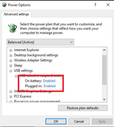 Wählen Sie Disabled für die Battery und Plugged In-Optionen unter USB Selective Suspend Setting