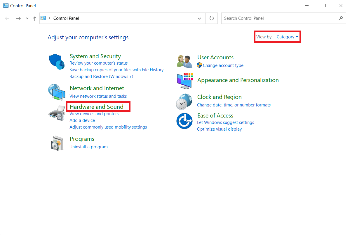 ตรวจสอบให้แน่ใจว่าได้ตั้งค่าตัวเลือก View By เป็น Category เลือกฮาร์ดแวร์และเสียง
