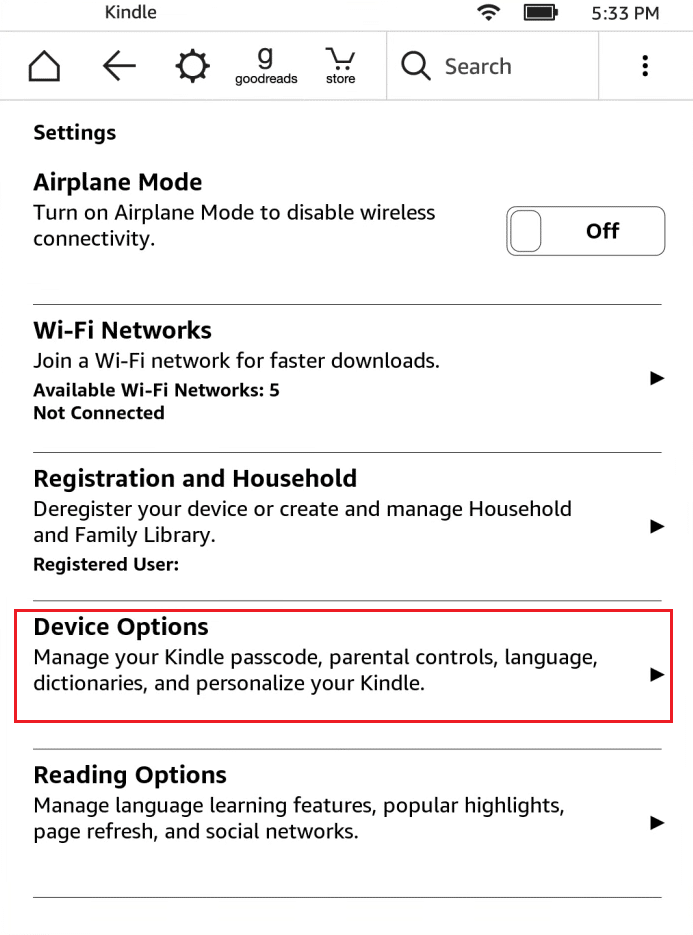 Opciones de dispositivo en la configuración de amazon kindle. Arreglar Kindle que no aparece en la PC