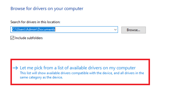 Faceți clic pe Permiteți-mi să aleg dintr-o listă de drivere disponibile pe computerul meu