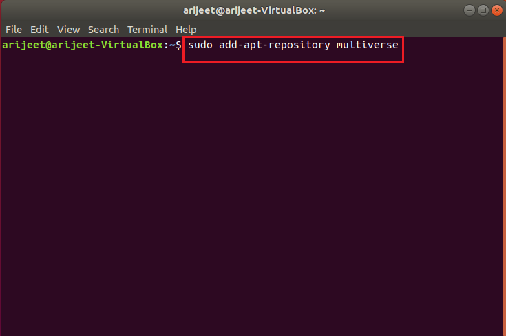 sudo add apt repository multiverse Befehl im Linux-Terminal. Wie man unter Linux unter uns kommt