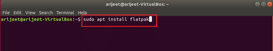 Команда sudo apt install flatpak в терминале Linux