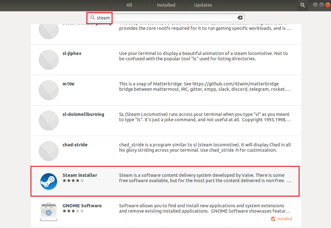 Ubuntu Software Store에서 Steam을 검색합니다. Linux에서 우리 사이에 들어가는 방법