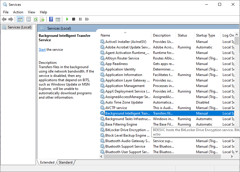 Maintenant, faites défiler vers le bas et double-cliquez sur Service de transfert intelligent en arrière-plan