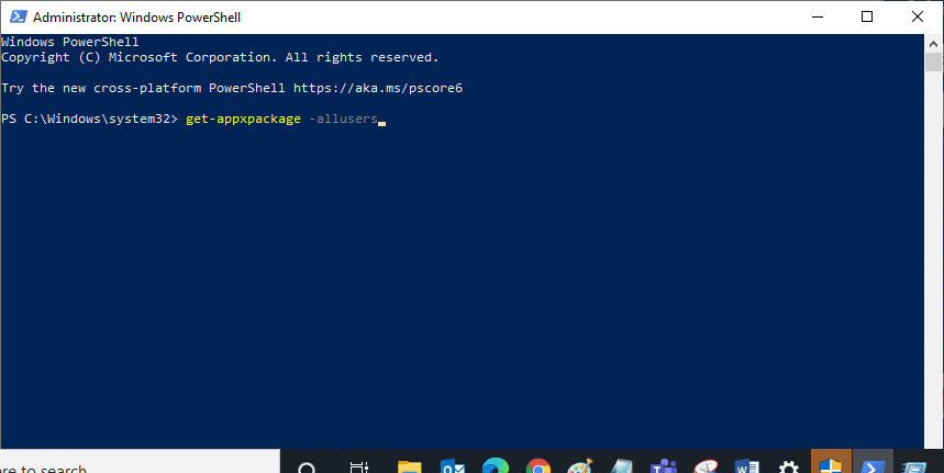 Teraz wpisz get appxpackage allusers i naciśnij Enter. Napraw błąd Sklepu Windows 0x80072f05