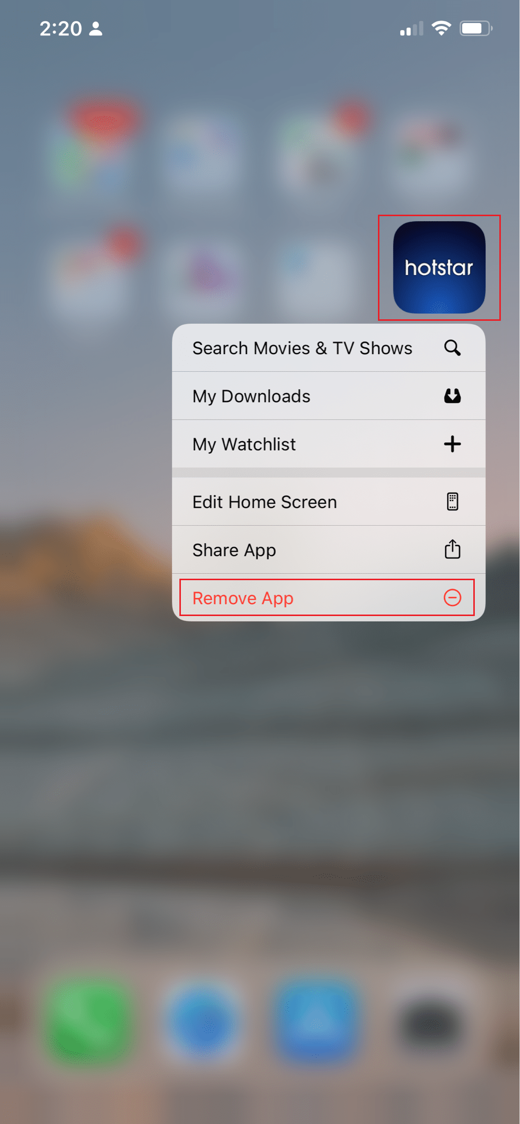 selecione a opção Remover aplicativo para o aplicativo Hotstar no iPhone