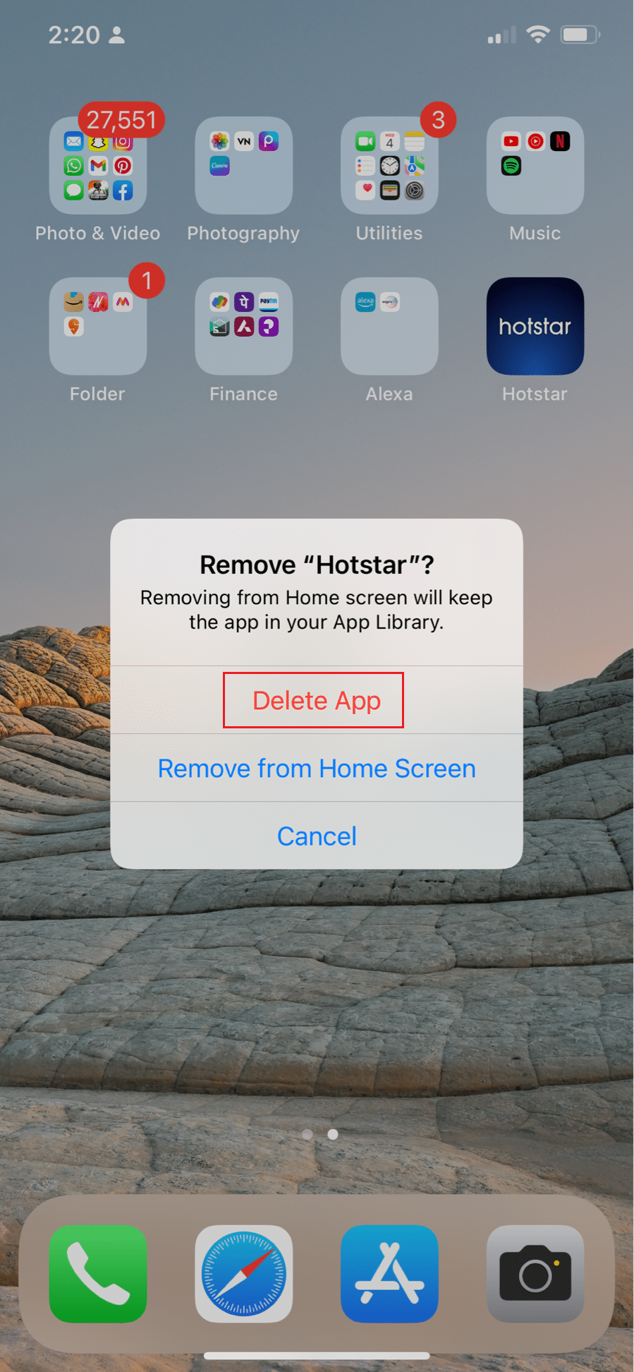 sélectionnez l'option de suppression de l'application pour supprimer l'application hotstar dans Iphone